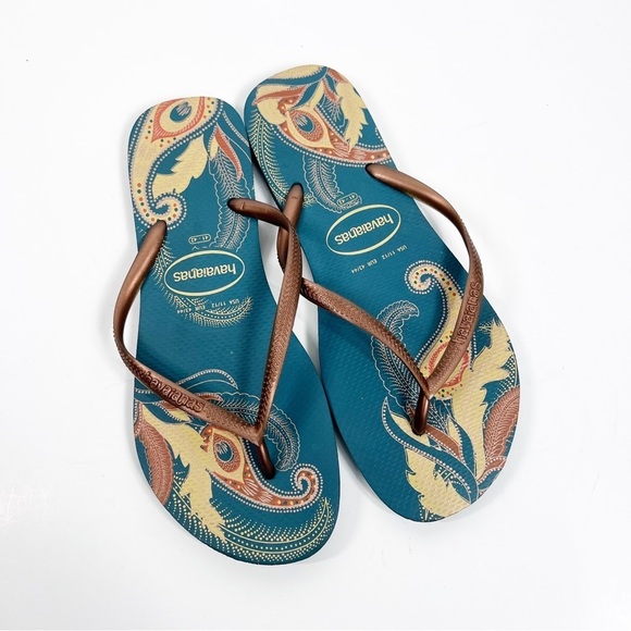 HAVAINAS teal and gold patterned flip flop 11/12 - Picture 3 of 7